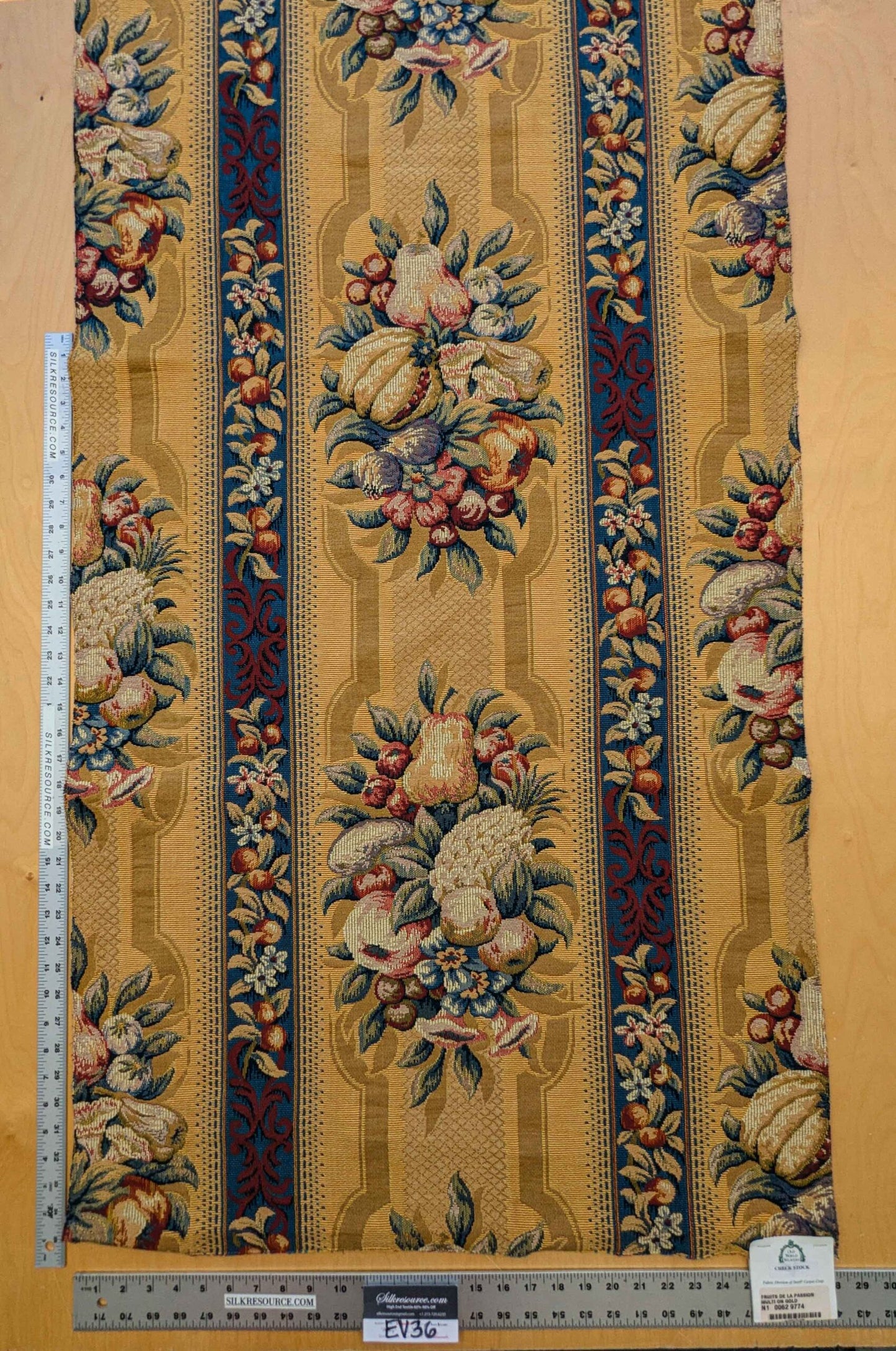 19 EV36 Scalamandre Fruits De La Passion Multi on Gold Stripe Cotton Botanical Neoclassical 1.8 yds x 28"W