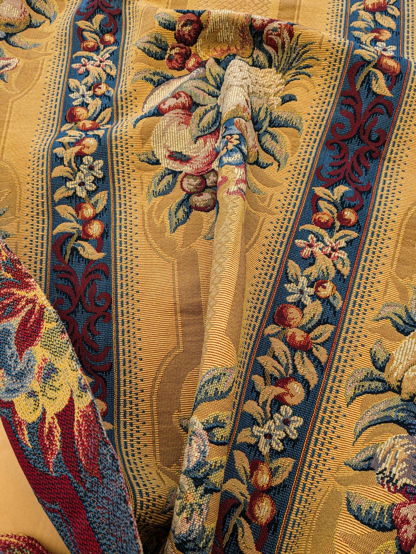 19 EV36 Scalamandre Fruits De La Passion Multi on Gold Stripe Cotton Botanical Neoclassical 1.8 yds x 28"W