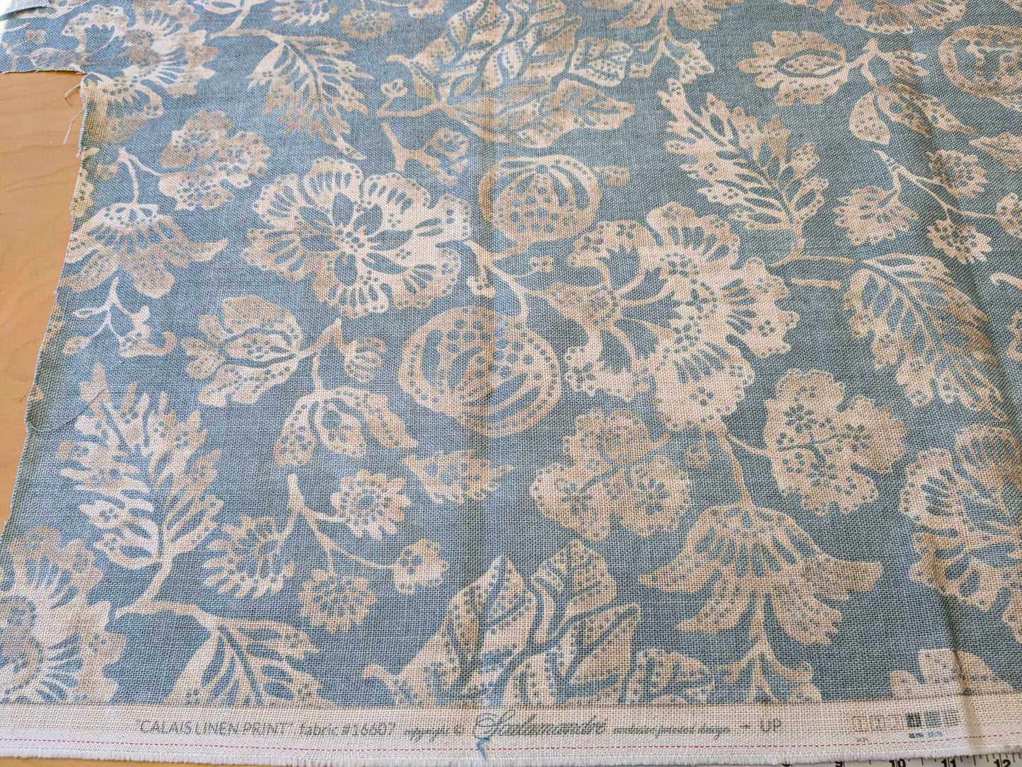 22 EV36 CALAIS LINEN PRINT in Sky Blue Mediterranean Pomegranate Block Print Heavy Linen 40”L x56” wide MSRP USD300+/y