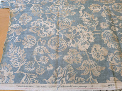 22 EV36 CALAIS LINEN PRINT in Sky Blue Mediterranean Pomegranate Block Print Heavy Linen 40”L x56” wide MSRP USD300+/y