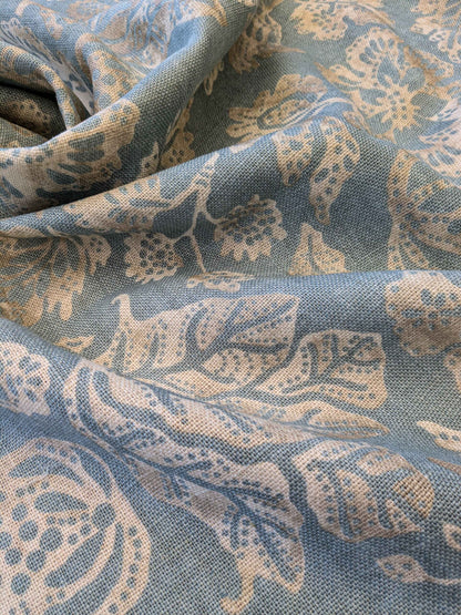 22 EV36 CALAIS LINEN PRINT in Sky Blue Mediterranean Pomegranate Block Print Heavy Linen 40”L x56” wide MSRP USD300+/y