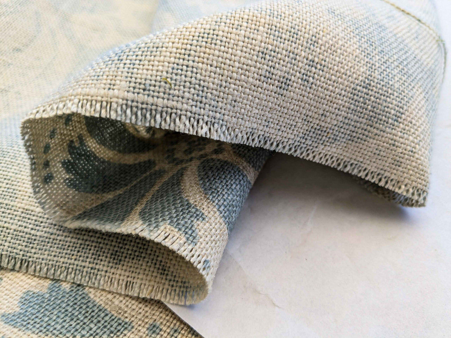 22 EV36 CALAIS LINEN PRINT in Sky Blue Mediterranean Pomegranate Block Print Heavy Linen 40”L x56” wide MSRP USD300+/y