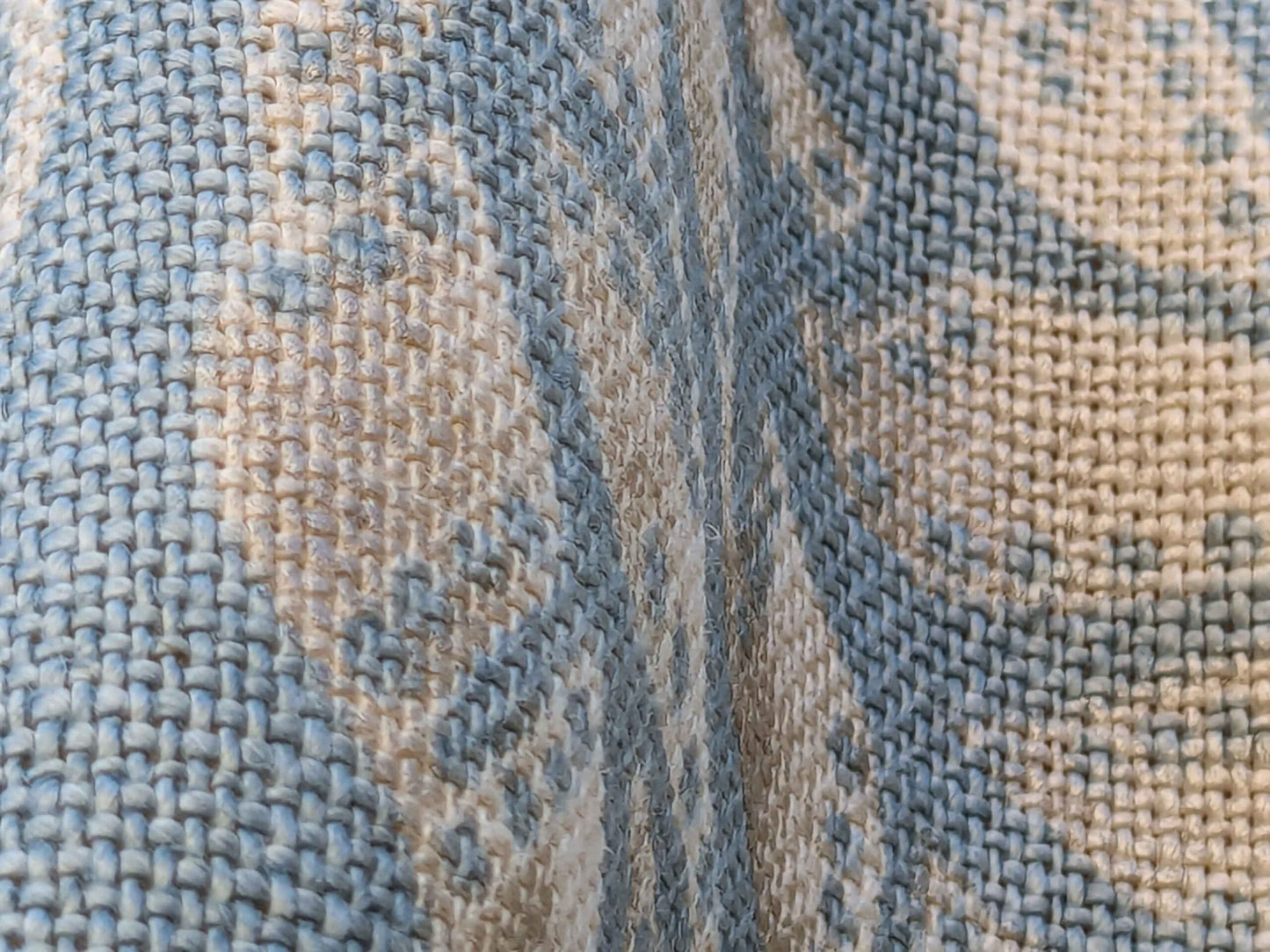 22 EV36 CALAIS LINEN PRINT in Sky Blue Mediterranean Pomegranate Block Print Heavy Linen 40”L x56” wide MSRP USD300+/y