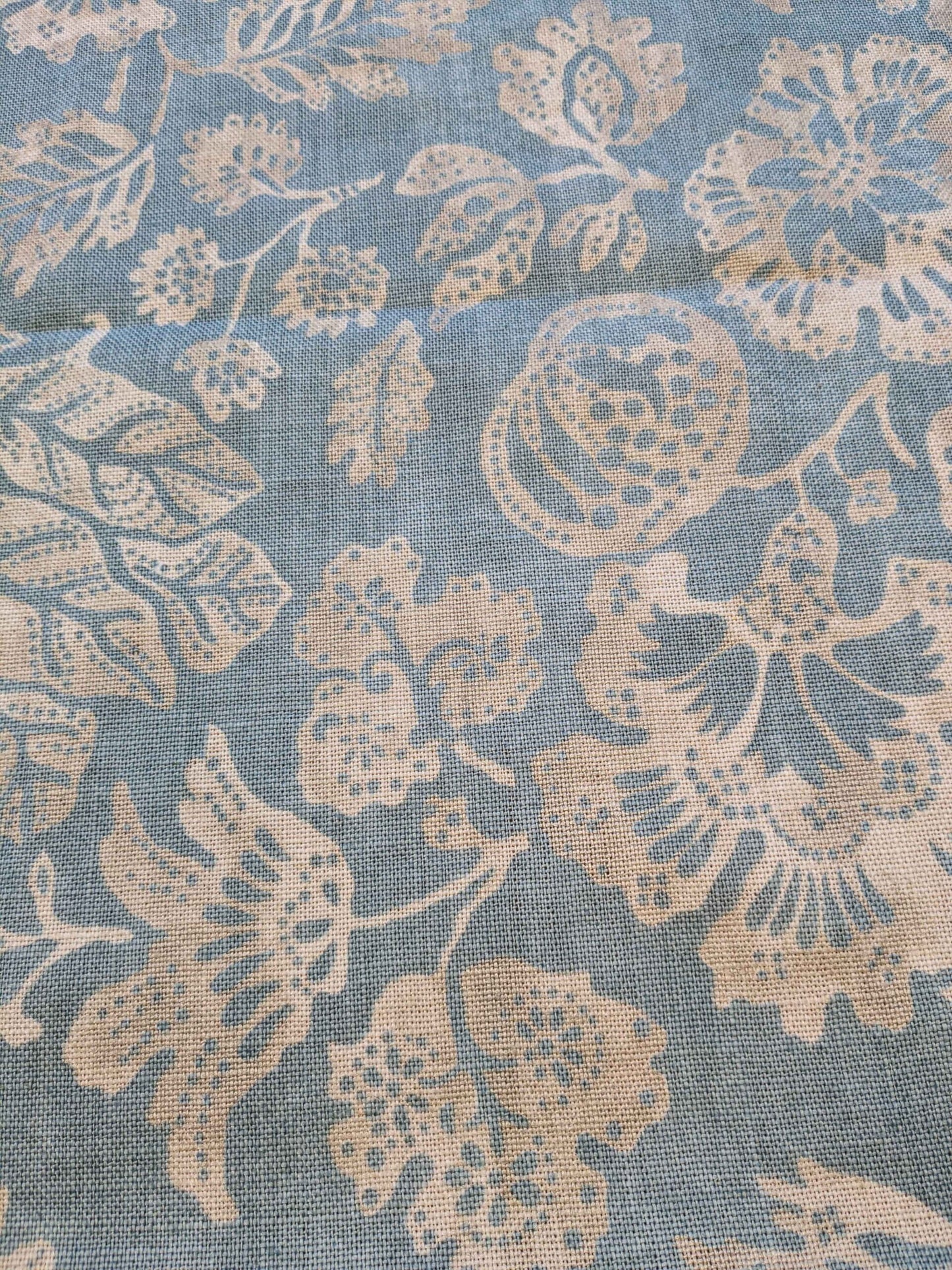 22 EV36 CALAIS LINEN PRINT in Sky Blue Mediterranean Pomegranate Block Print Heavy Linen 40”L x56” wide MSRP USD300+/y