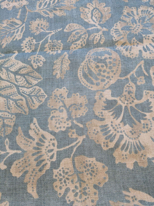 22 EV36 CALAIS LINEN PRINT in Sky Blue Mediterranean Pomegranate Block Print Heavy Linen 40”L x56” wide MSRP USD300+/y