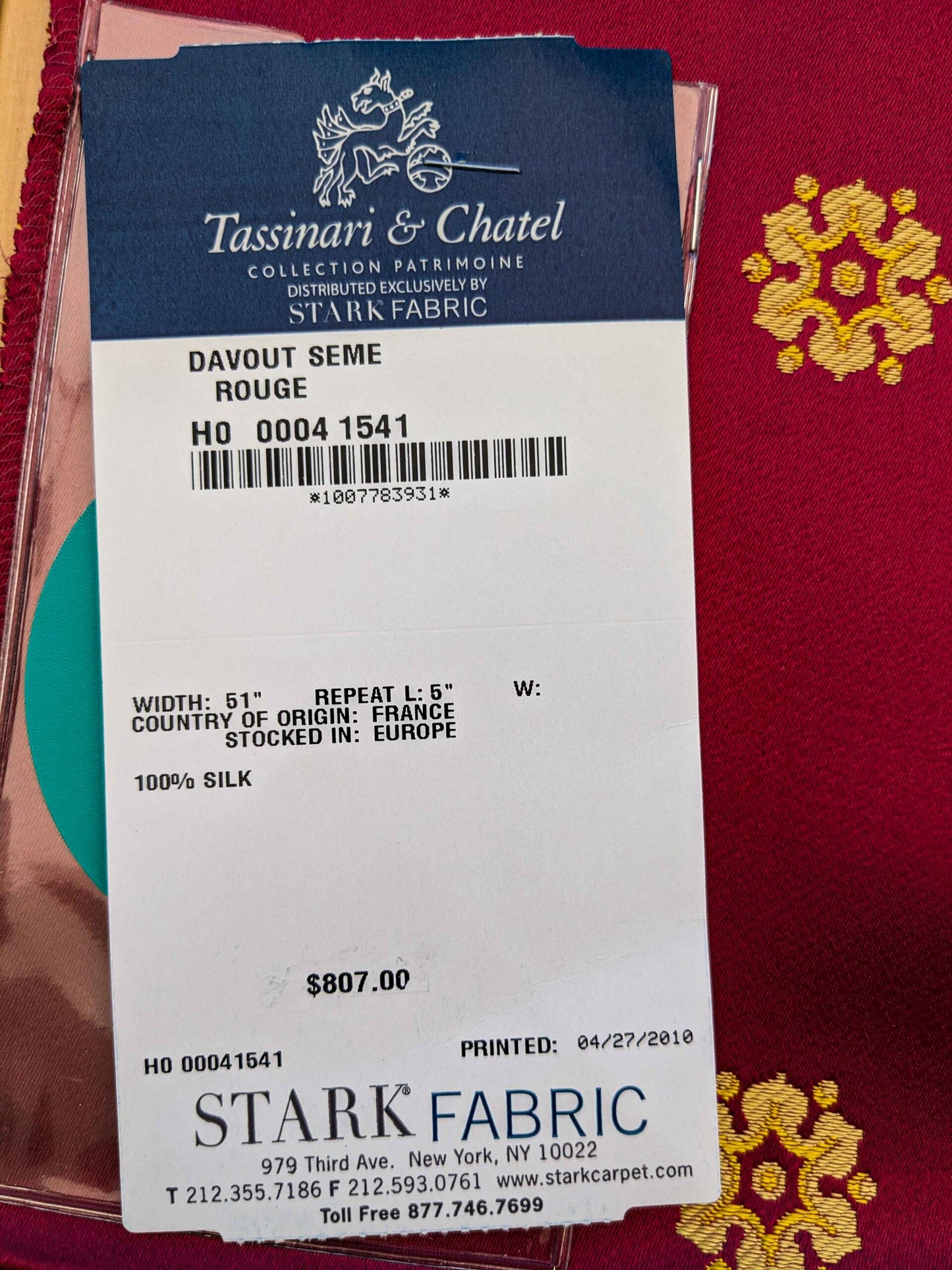 26 EV36 Tassinari and Chatel Davout Seme Rouge Red Gold Silk Botanical Neoclassical 26"x26"