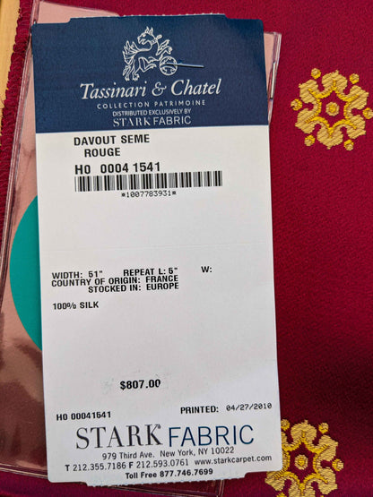 26 EV36 Tassinari and Chatel Davout Seme Rouge Red Gold Silk Botanical Neoclassical 26"x26"