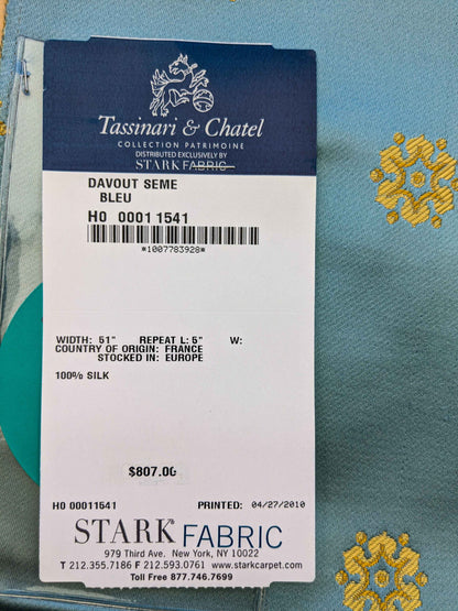 27 EV36 Tassinari and Chatel Davout Seme Bleu Blue Gold Silk Botanical Neoclassical 25"x26"