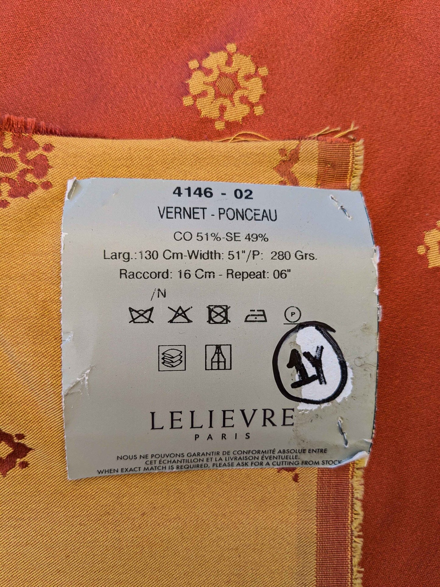 28 EV36 Lelievre Paris Vernet Ponceau Cotton Silk Orange Gold Botanical Neoclassical 1yd x 52"