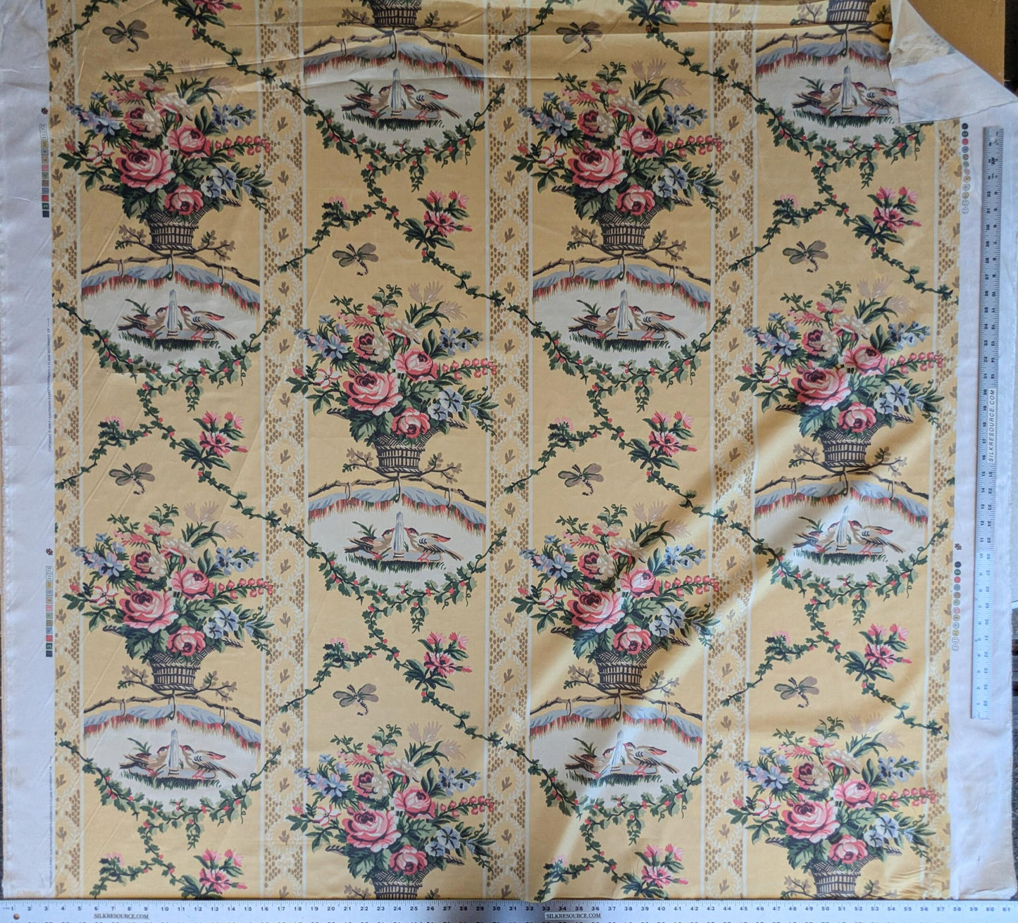 57"L x 61"W  Scalamandre Lelievre Multi on Yellow "FOUNTAINEBLEAU" Love Bird Dove Pink Rose French Fabric