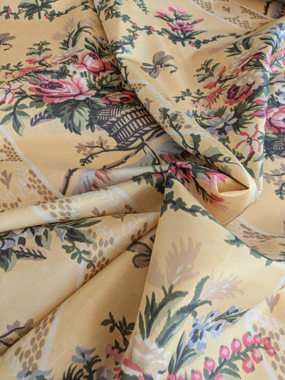 57"L x 61"W  Scalamandre Lelievre Multi on Yellow "FOUNTAINEBLEAU" Love Bird Dove Pink Rose French Fabric
