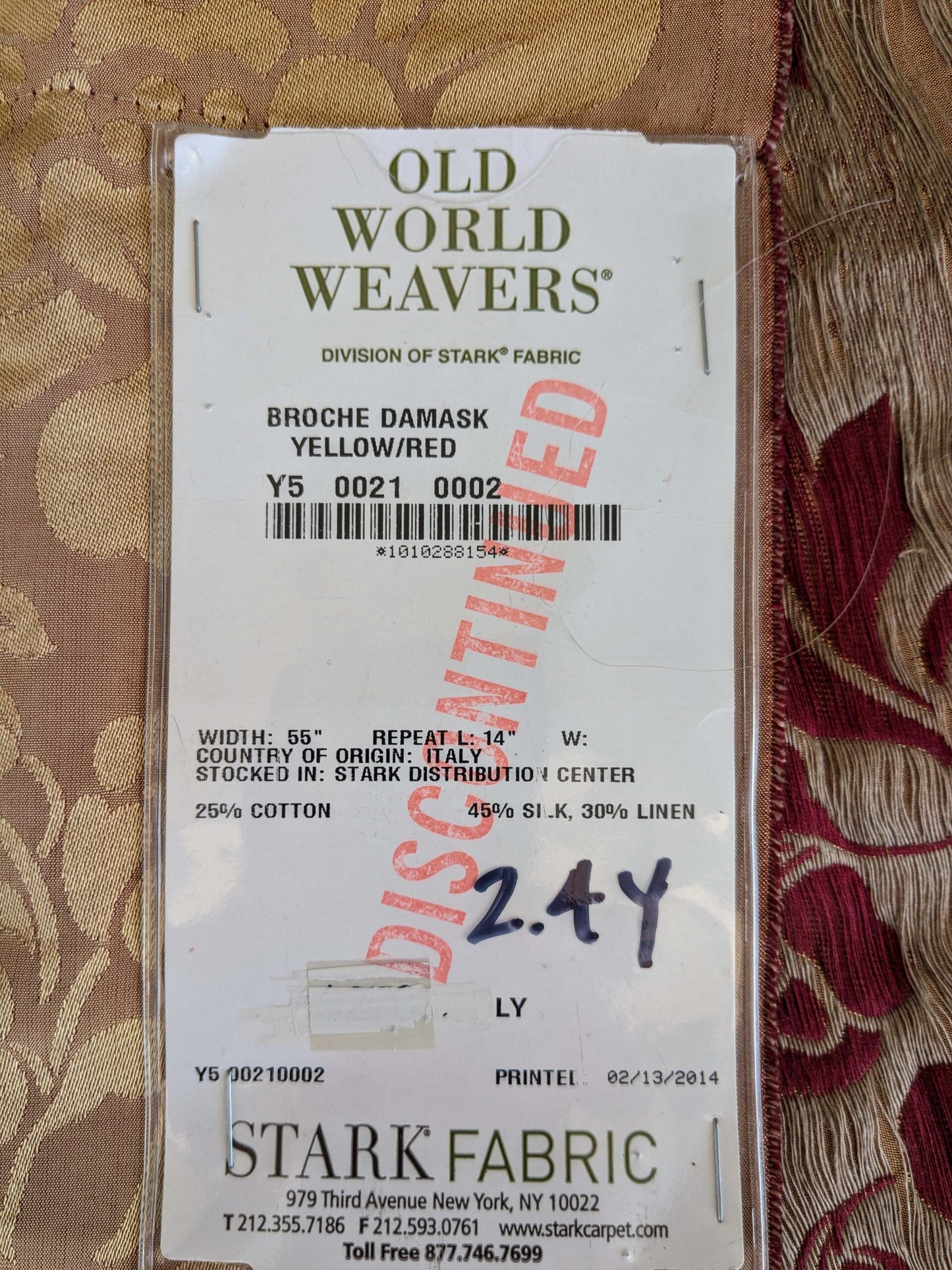 1 EV37 2.4yards Old World Weavers Broche Damask Yellow Red Botanical Floral Renaissance MSRP USD 500+