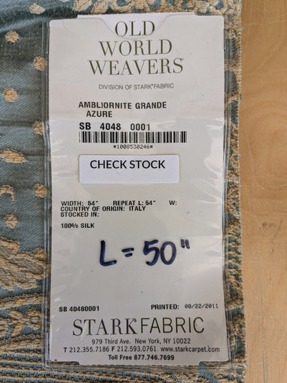 25  EV37 1.4yards 27" wide Old World Weavers Ambliornite Grande Azure BlueWoven Gray Beige Floral Silk
