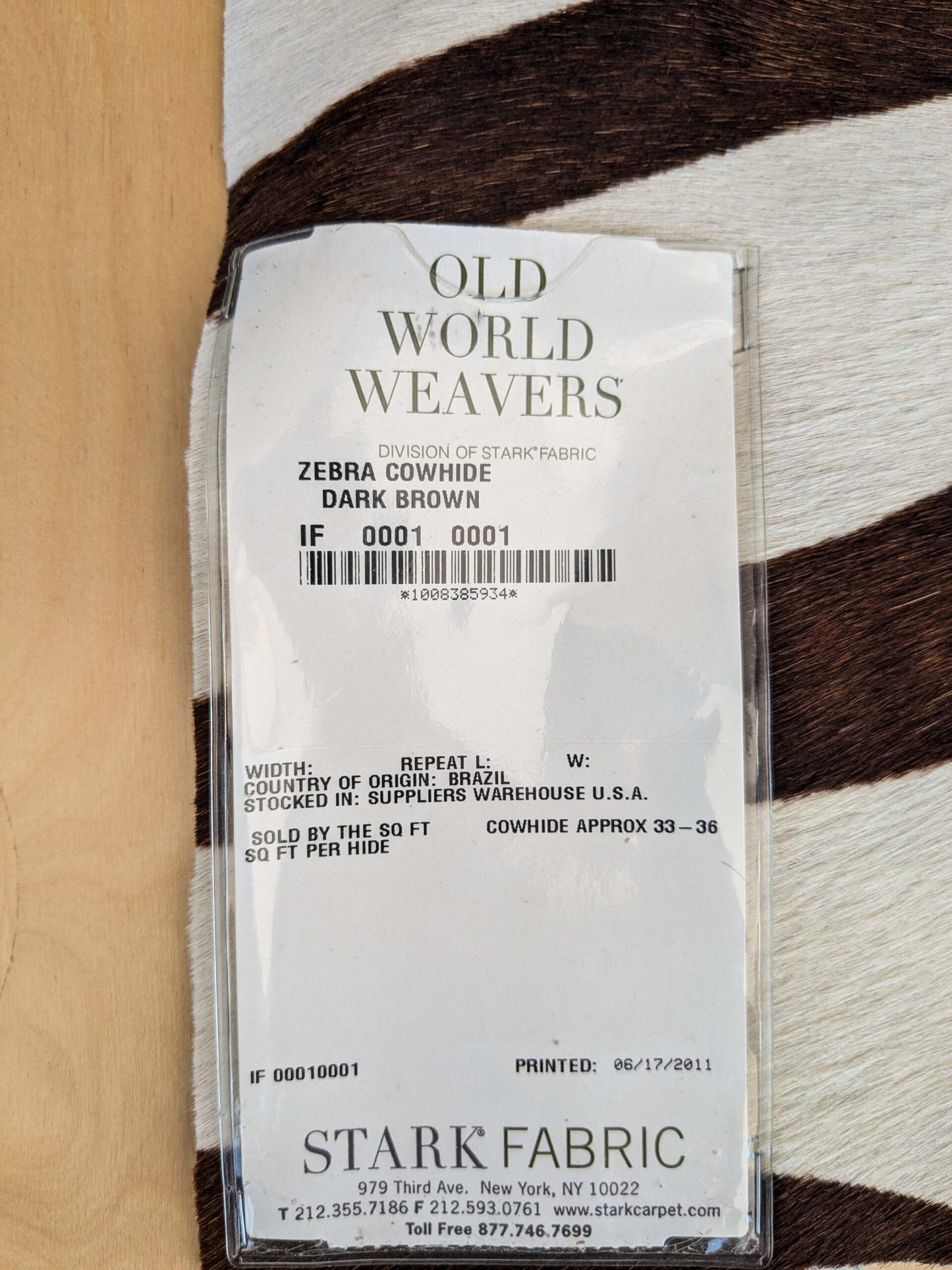 31 EV37 12" x 26" Old World Weavers Zebra Cowhide Dark Brown White Animals