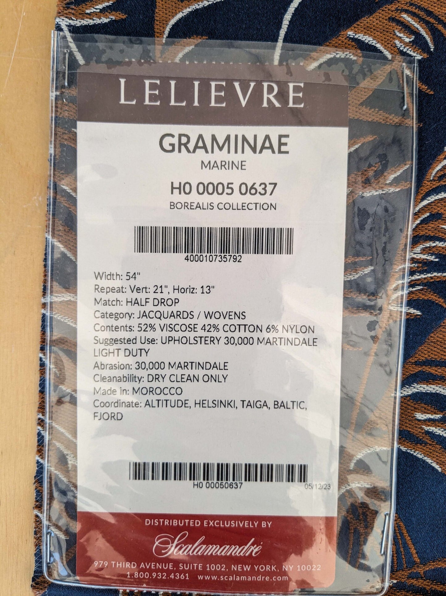 64 EV37 26" x 25" Lelievre Paris Graminae Marine Blue White Tropical Jacquard Woven