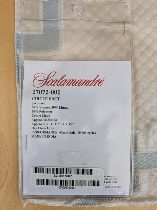 69 EV37 26" x 26" Scalamandre Circle Fret Cloud Cream White Blue Jacquard Medallion Geometric Fretwork Lattice MSRP USD 264/y