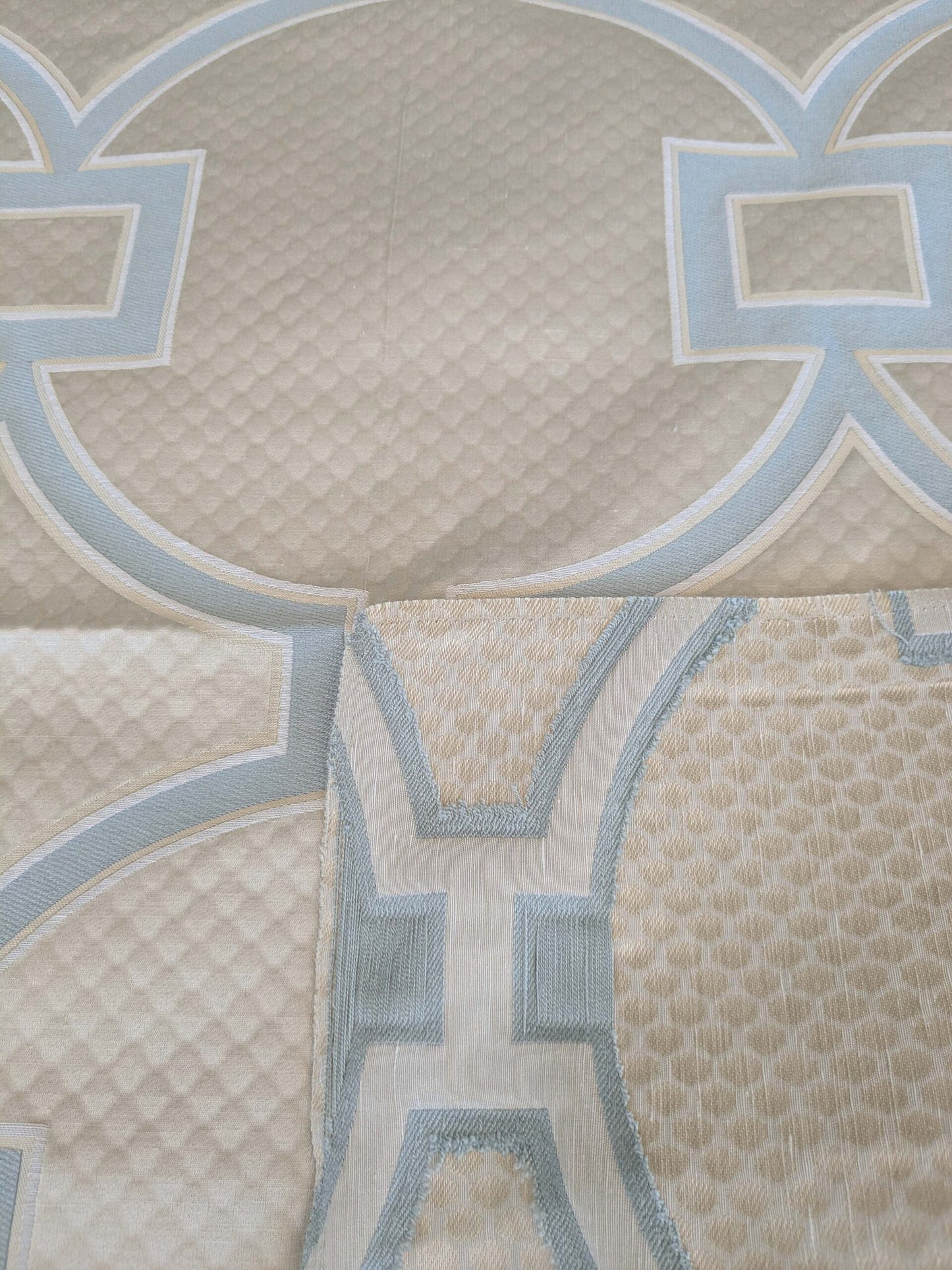 69 EV37 26" x 26" Scalamandre Circle Fret Cloud Cream White Blue Jacquard Medallion Geometric Fretwork Lattice MSRP USD 264/y