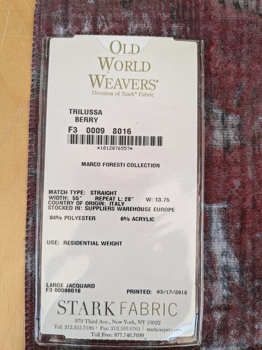 75 EV37 26" x 27" Old World Weavers Trilussa Berry Red Gray Abstract Large Jacquard
