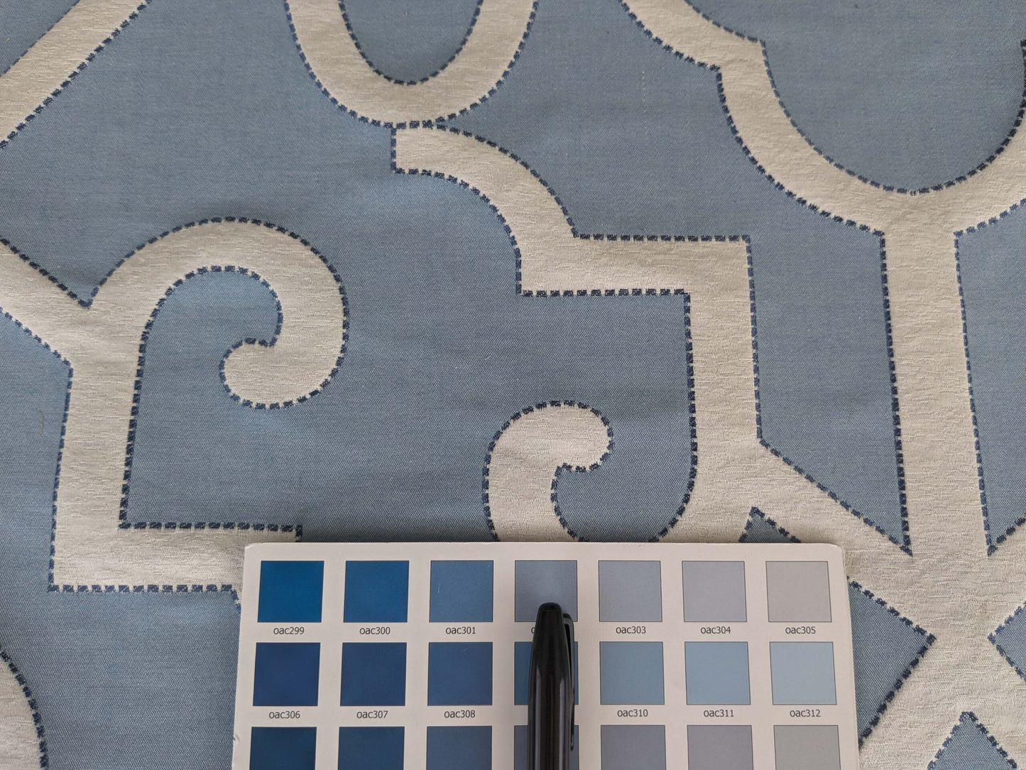 by yard Scalamandre Ming Fretwork Aquamarine Jacquard Chinoiserie Lattice Jacquard  MSRP USD 226/yard