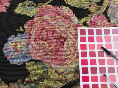 2.3 yards Scalamandre Floral Botanical Foliage Tapestry Red Pink Blue Flowers Rose Iris Carnation Tulip Black Large pattern Heavy