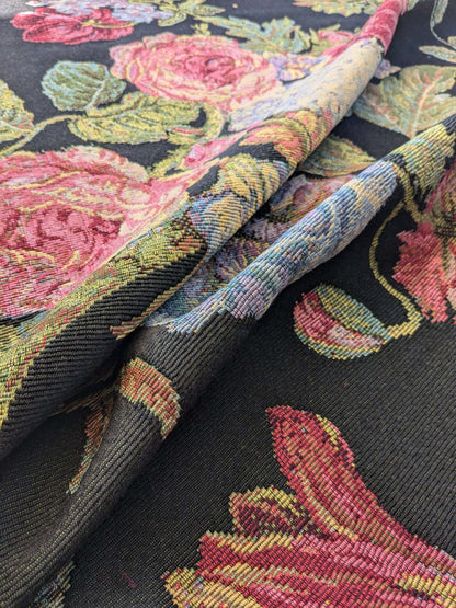 2.3 yards Scalamandre Floral Botanical Foliage Tapestry Red Pink Blue Flowers Rose Iris Carnation Tulip Black Large pattern Heavy