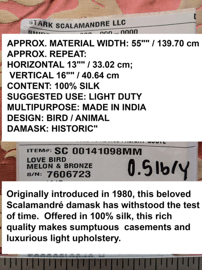 by yard Scalamandre 100% silk Love Bird Rose Pink Melon Red MSRP USD 664/Y