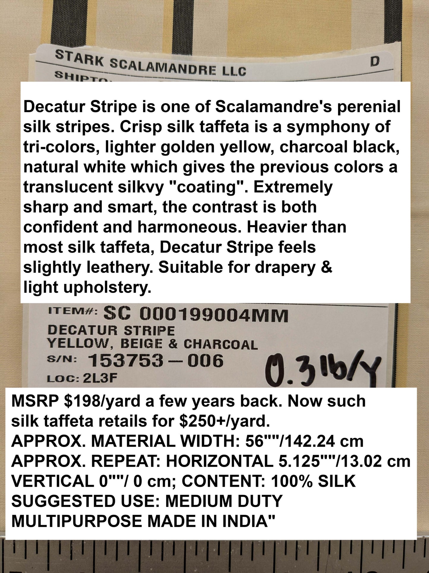 By yard Scalamandre Decatur Stripe Yellow Beige &amp; Charcoal Black White Silk MSRP USD 198/y