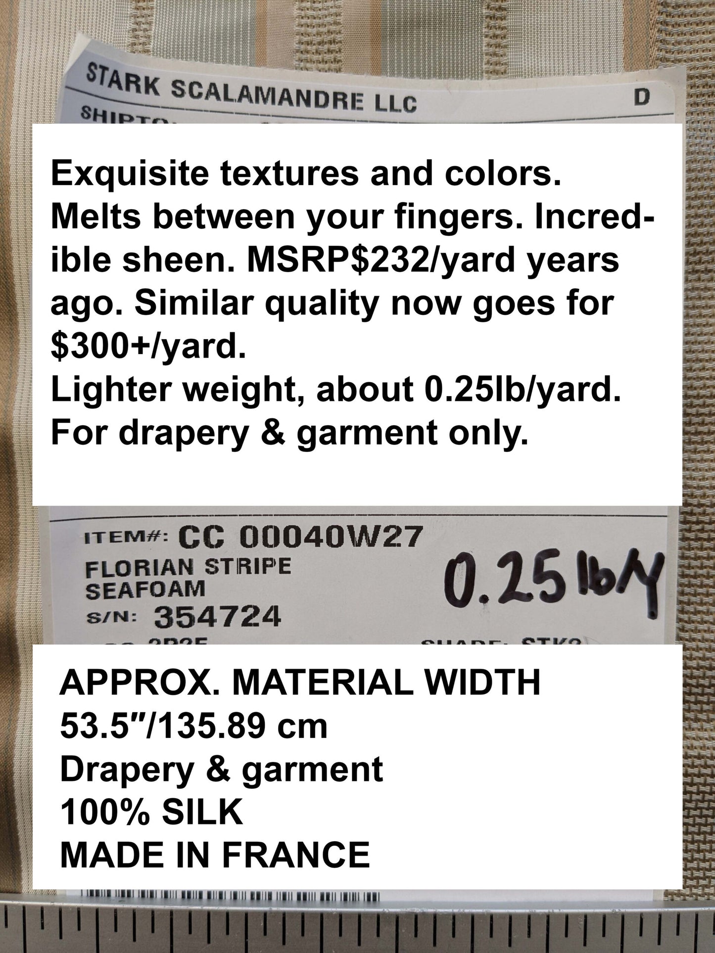 by yard Scalamandre Florian Stripe Sefoam Blue Green Silver Beige Silk Satin Semi Sheer MSRP USD 232/yard