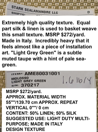 by yard Scalamandre Molosso Light Grey Green Silk Linen Blend Small Texture Basket Weave Super Heavy MSRP USD 272/y