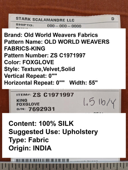 by yard Scalamandre King Foxglove Orange Red Apricot Texture Silk Velvet Heavy MSRP USD 1,092/y