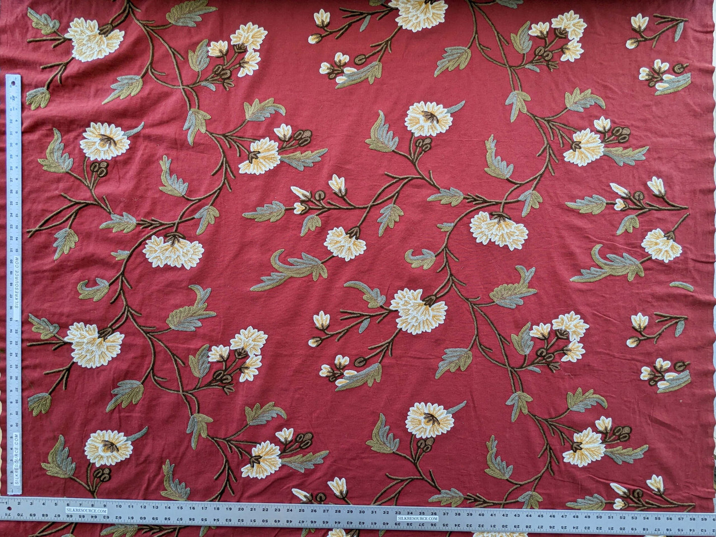 By yard Scalamandre Old World Weavers Floral Crewel Jaya Red Wool Chrysanthemum Embroidery On Cotton MSRP USD 216/Y