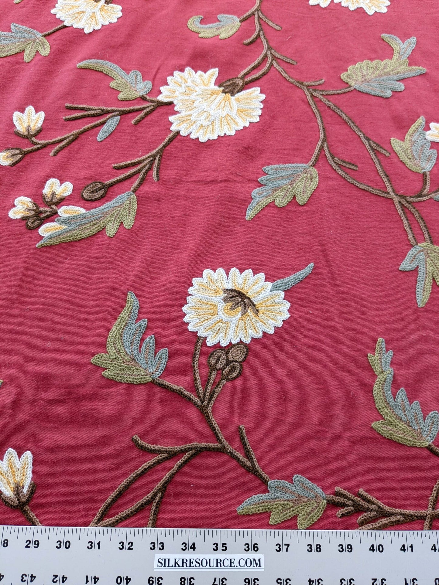 By yard Scalamandre Old World Weavers Floral Crewel Jaya Red Wool Chrysanthemum Embroidery On Cotton MSRP USD 216/Y