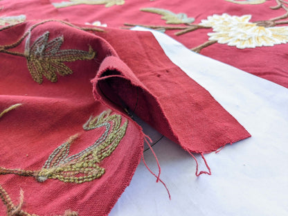 By yard Scalamandre Old World Weavers Floral Crewel Jaya Red Wool Chrysanthemum Embroidery On Cotton MSRP USD 216/Y