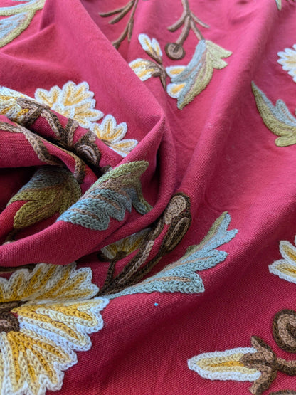 By yard Scalamandre Old World Weavers Floral Crewel Jaya Red Wool Chrysanthemum Embroidery On Cotton MSRP USD 216/Y
