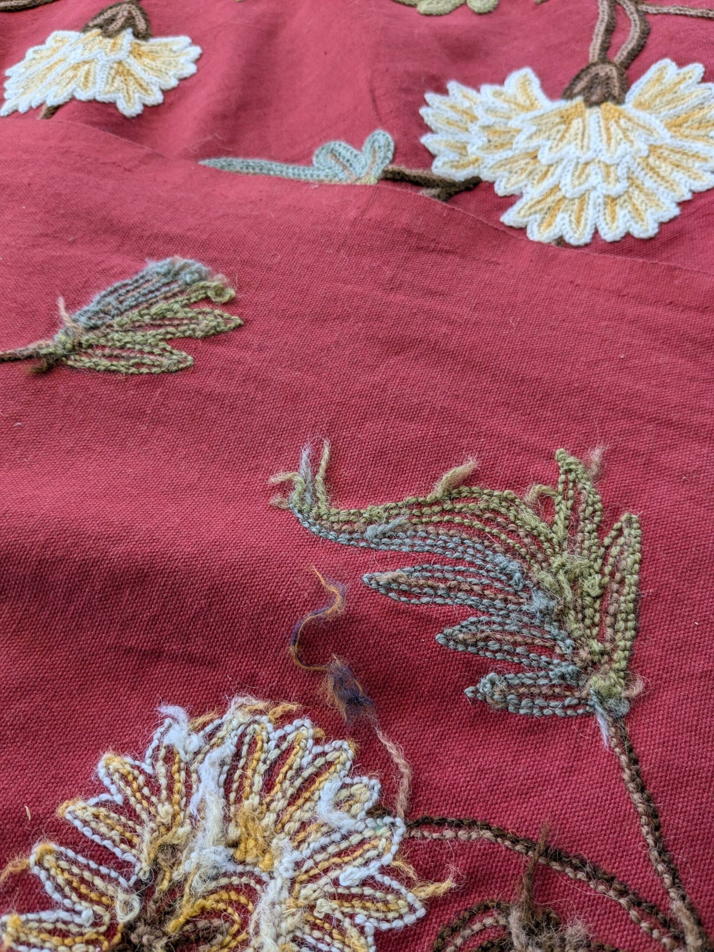 By yard Scalamandre Old World Weavers Floral Crewel Jaya Red Wool Chrysanthemum Embroidery On Cotton MSRP USD 216/Y