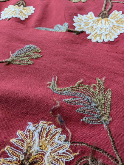 By yard Scalamandre Old World Weavers Floral Crewel Jaya Red Wool Chrysanthemum Embroidery On Cotton MSRP USD 216/Y