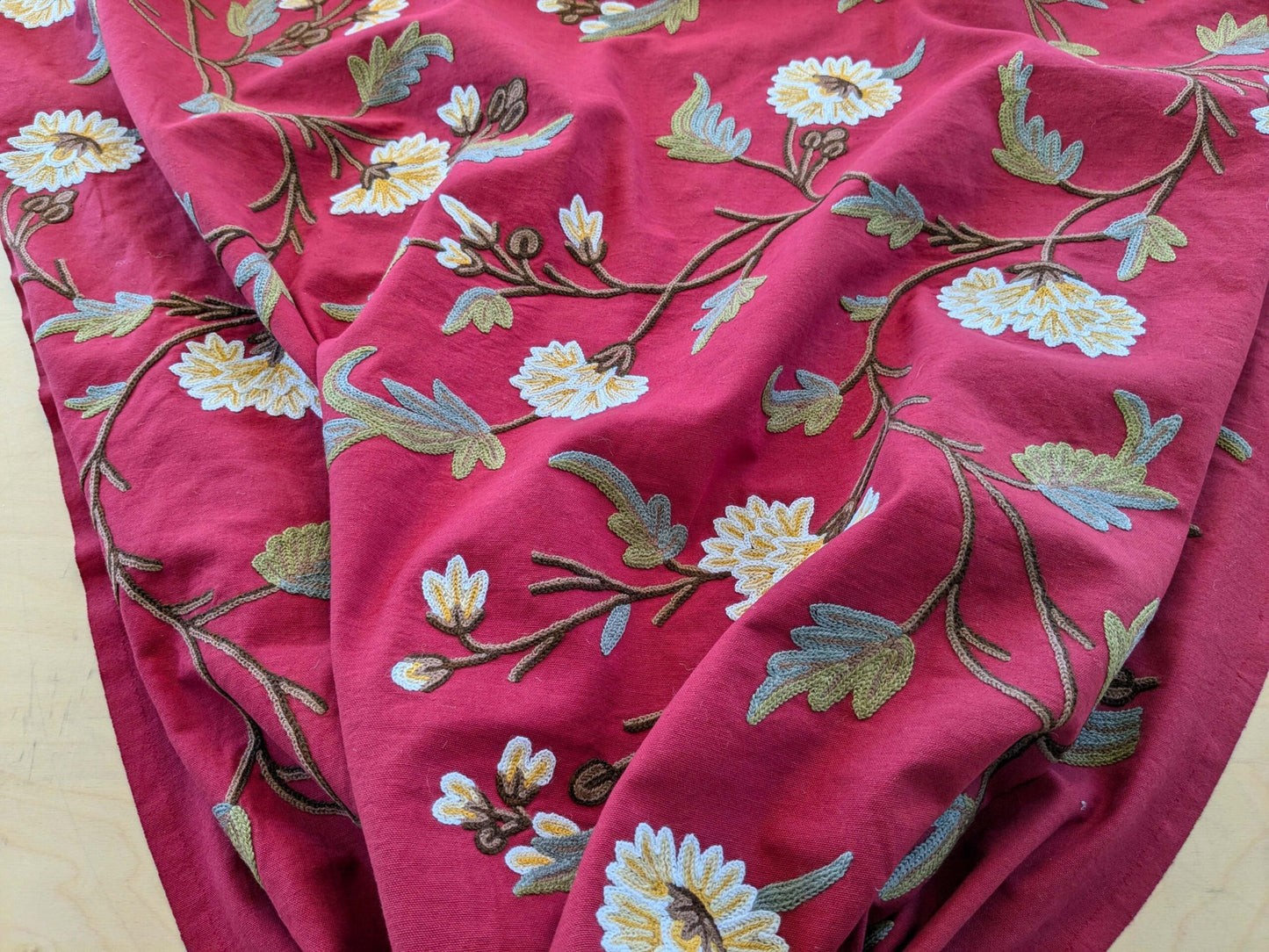 By yard Scalamandre Old World Weavers Floral Crewel Jaya Red Wool Chrysanthemum Embroidery On Cotton MSRP USD 216/Y