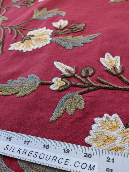 By yard Scalamandre Old World Weavers Floral Crewel Jaya Red Wool Chrysanthemum Embroidery On Cotton MSRP USD 216/Y