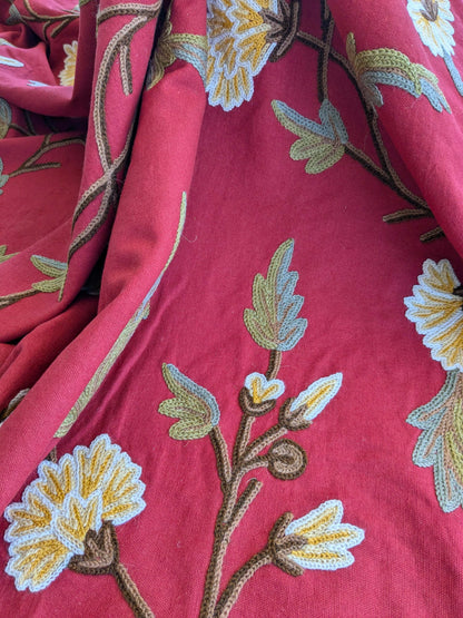 By yard Scalamandre Old World Weavers Floral Crewel Jaya Red Wool Chrysanthemum Embroidery On Cotton MSRP USD 216/Y