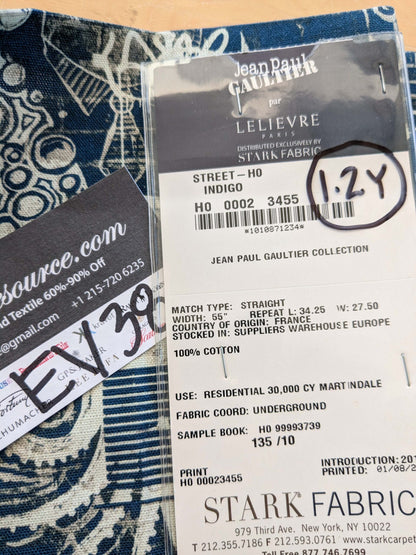 12 EV38 Scalamandre Jean Paul Gaultier Gothic Street Ho Indigo Blue White Graphite Abstract Graphic Historical Cotton 1.2yard MSRP USD538/y