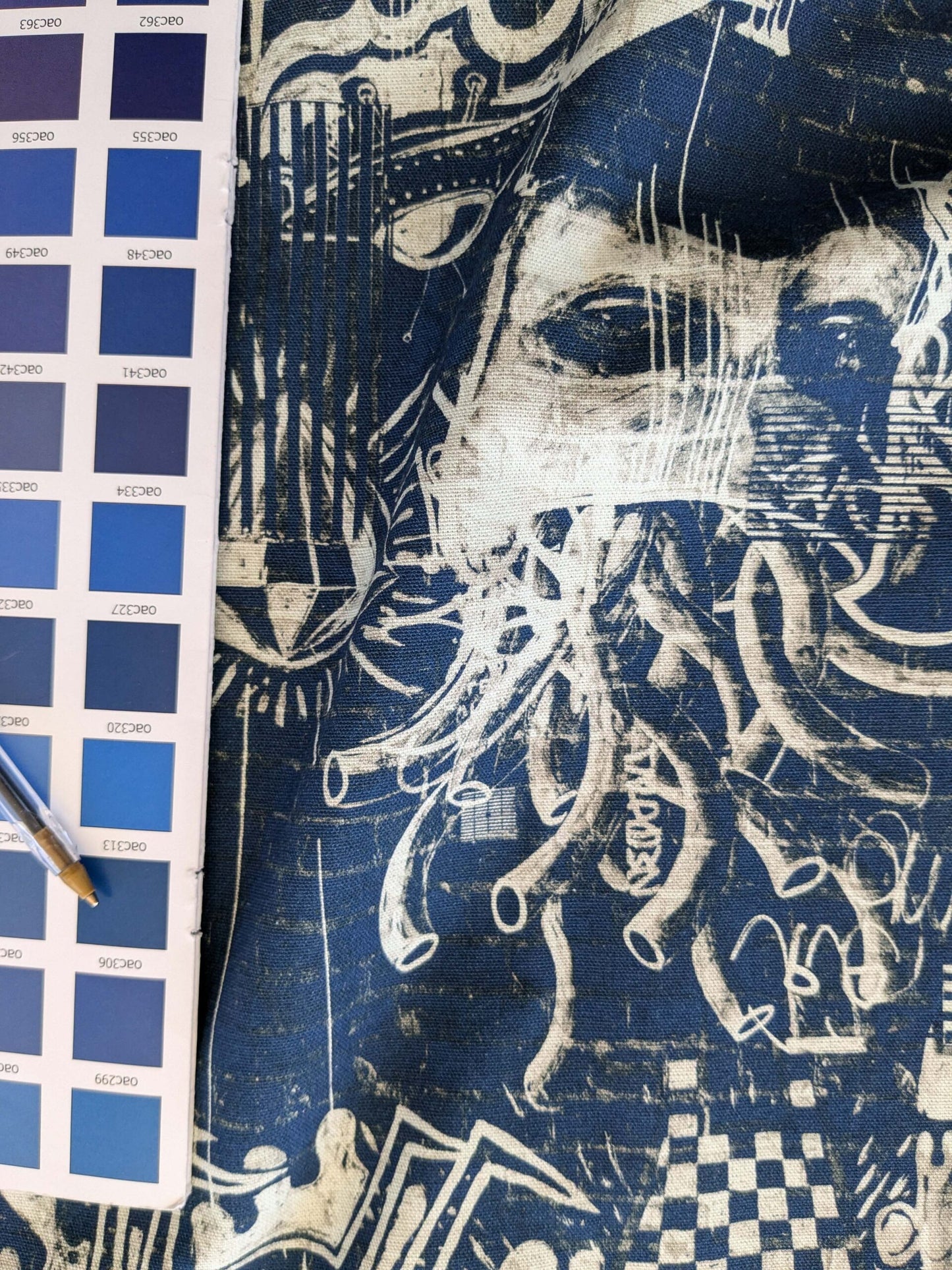 12 EV38 Scalamandre Jean Paul Gaultier Gothic Street Ho Indigo Blue White Graphite Abstract Graphic Historical Cotton 1.2yard MSRP USD538/y