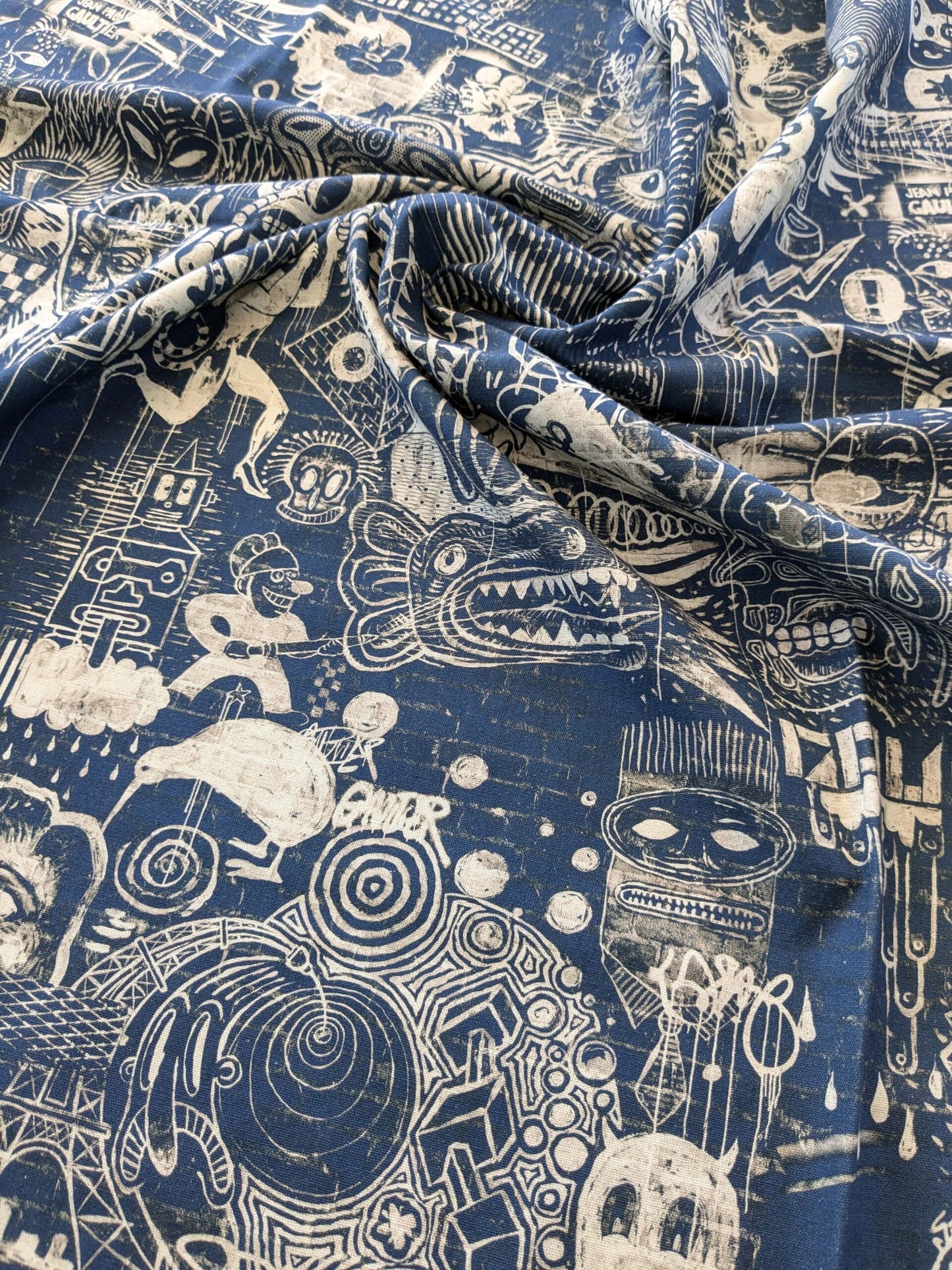 12 EV38 Scalamandre Jean Paul Gaultier Gothic Street Ho Indigo Blue White Graphite Abstract Graphic Historical Cotton 1.2yard MSRP USD538/y