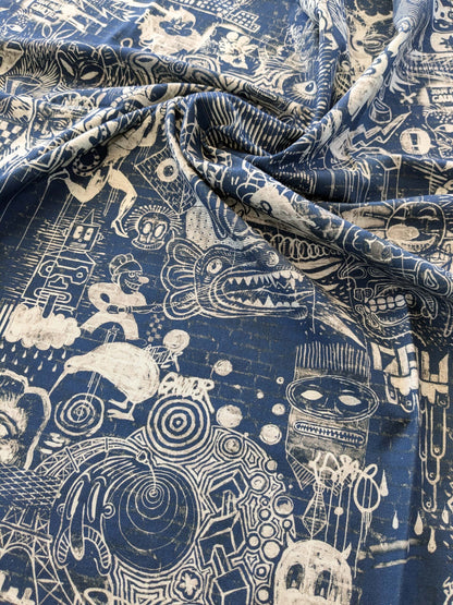 12 EV38 Scalamandre Jean Paul Gaultier Gothic Street Ho Indigo Blue White Graphite Abstract Graphic Historical Cotton 1.2yard MSRP USD538/y