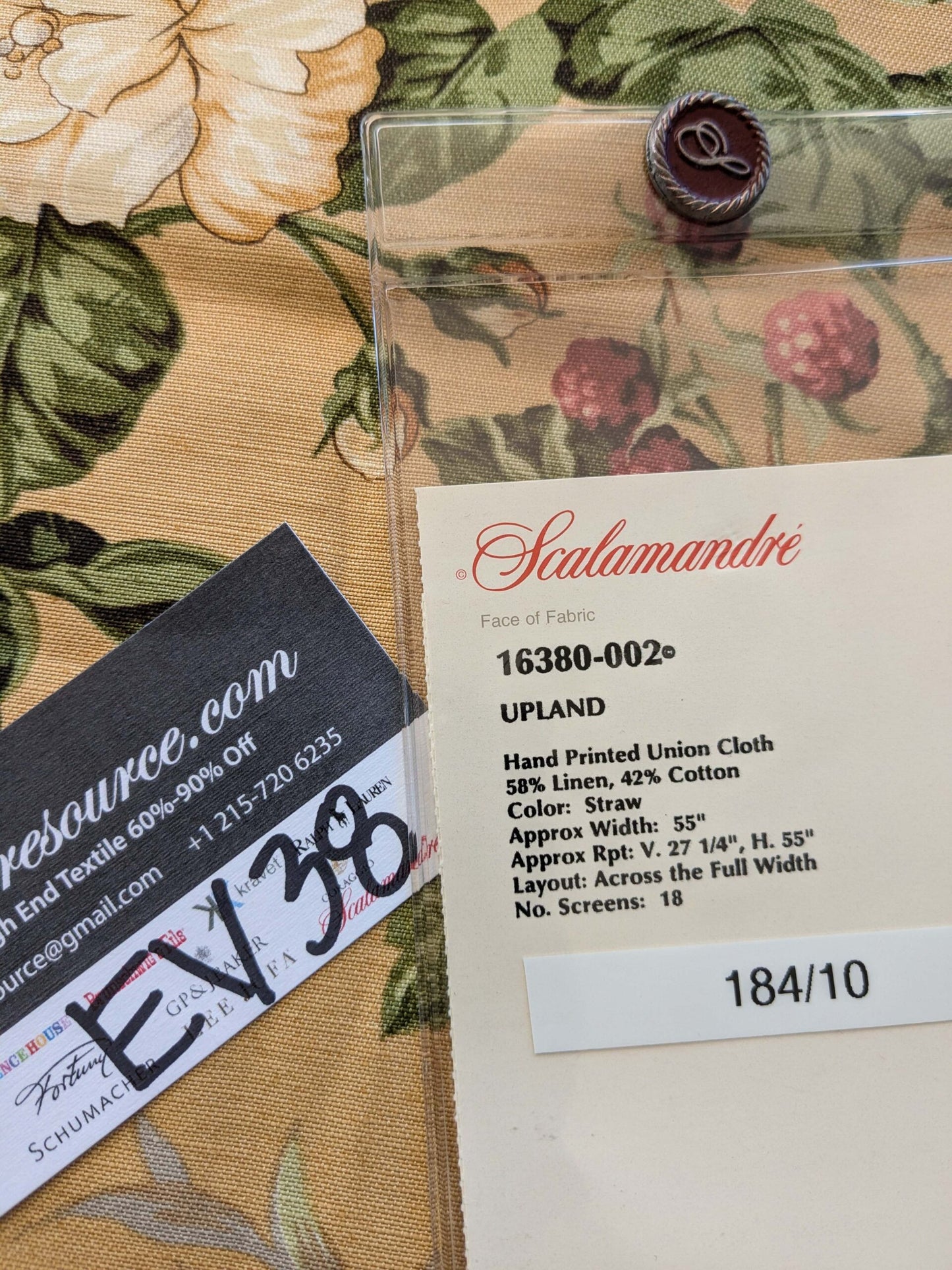 13 EV38 Scalamandre Upland Hand Printed Union Cloth Straw Yellow Floral Berry pheasant bird 1.2y x 53"