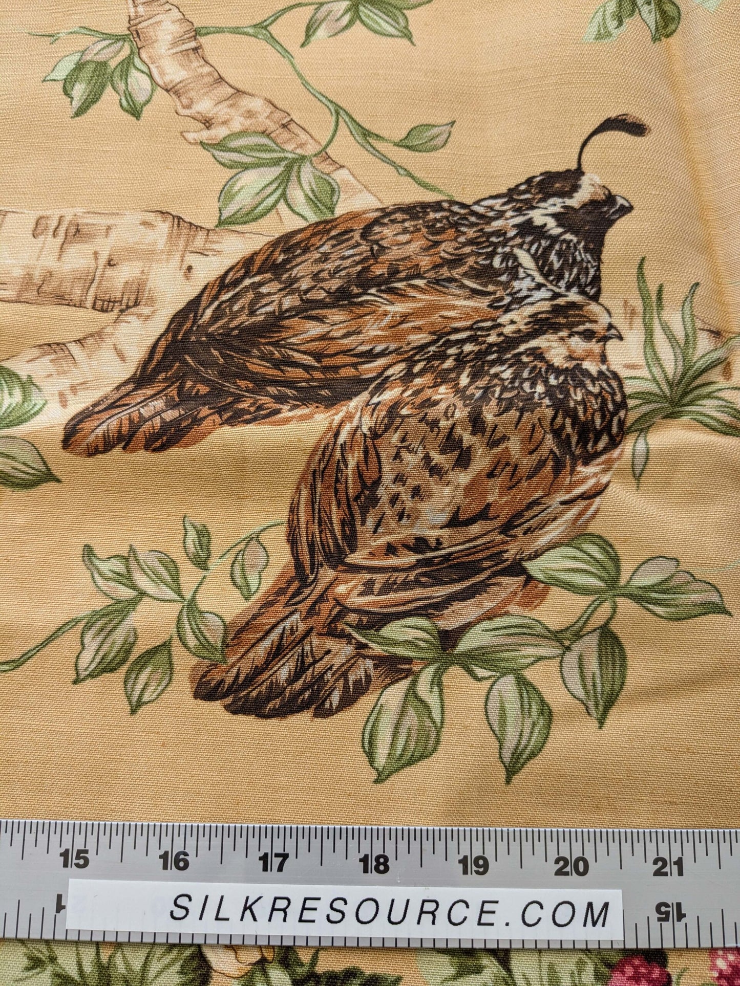 13 EV38 Scalamandre Upland Hand Printed Union Cloth Straw Yellow Floral Berry pheasant bird 1.2y x 53"