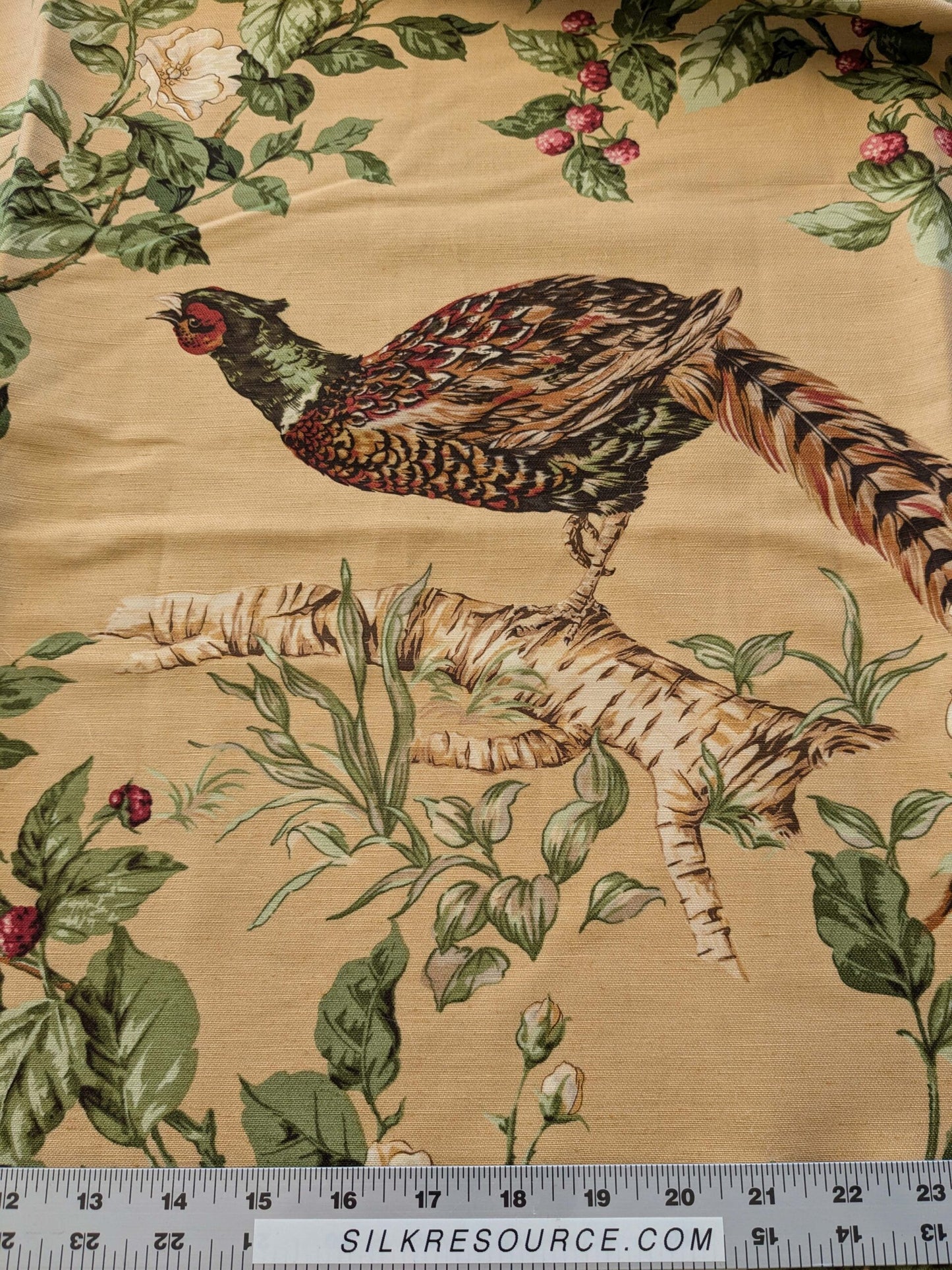 13 EV38 Scalamandre Upland Hand Printed Union Cloth Straw Yellow Floral Berry pheasant bird 1.2y x 53"