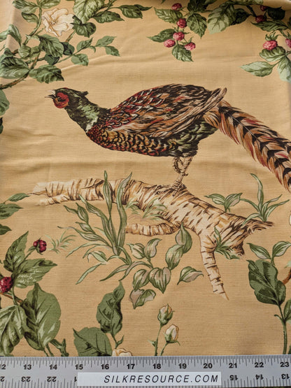 13 EV38 Scalamandre Upland Hand Printed Union Cloth Straw Yellow Floral Berry pheasant bird 1.2y x 53"