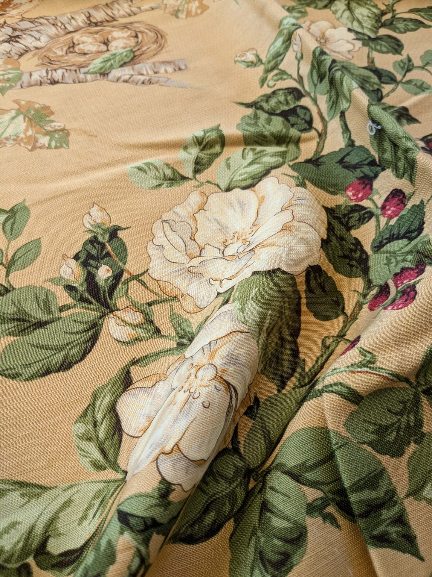 13 EV38 Scalamandre Upland Hand Printed Union Cloth Straw Yellow Floral Berry pheasant bird 1.2y x 53"