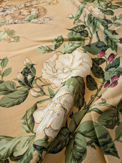 13 EV38 Scalamandre Upland Hand Printed Union Cloth Straw Yellow Floral Berry pheasant bird 1.2y x 53"