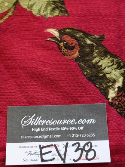 14 EV38 Scalamandre Upland Hand Printed Union Cloth Straw Red Floral Bird Turkey Country Toile 1y x 53" wide